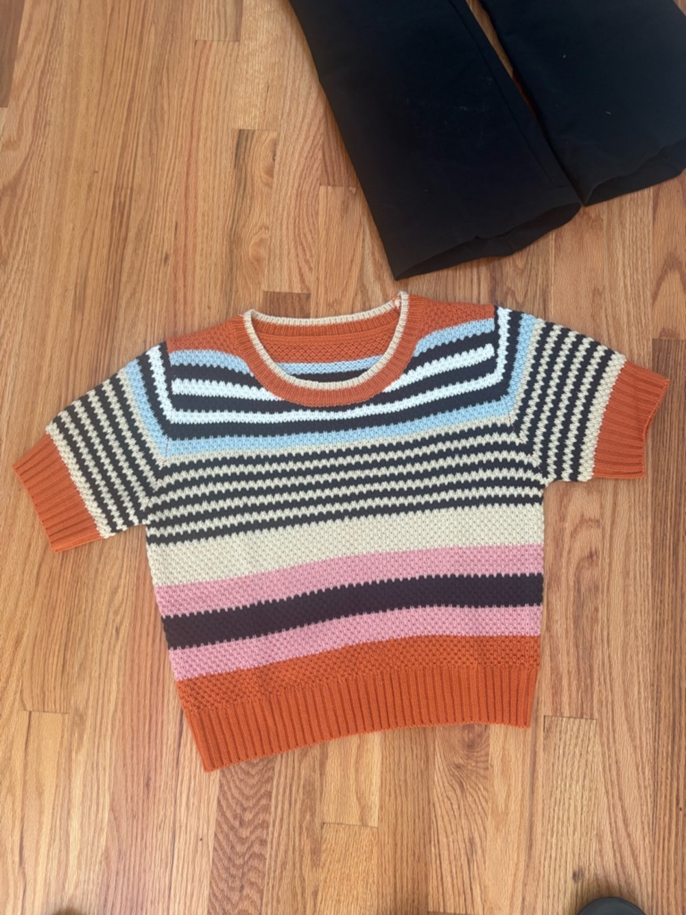 Vintage Striped Short-Sleeve Crewneck Sweater in Rust, Cream, Pink & Blue